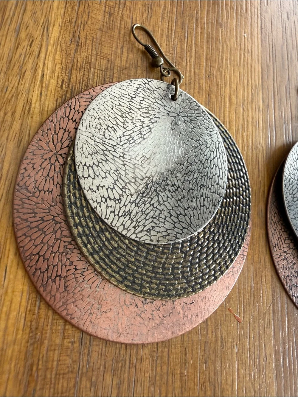 Vintage Layered Metallic Disc Drop Earrings - Silver, Bronze & Rose